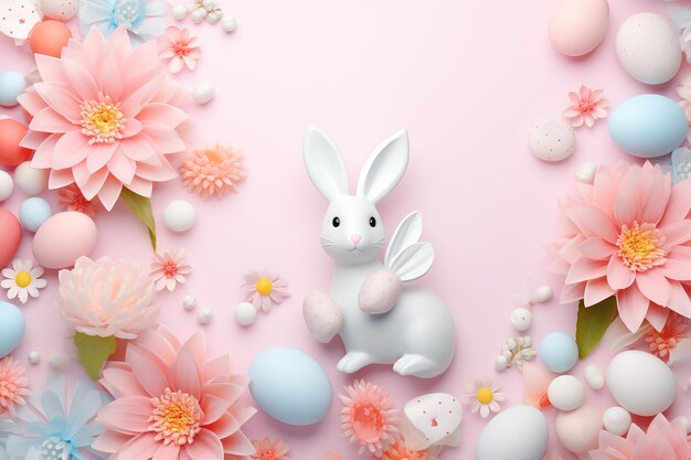 Easter banner with nest chocolate eggs and bunny mimosa gypsophila and yellow chick on pink background View from above Happy Easter greeting card Space for text