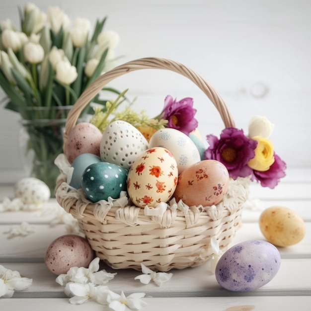 Easter Banner with Painted Eggs and Flowers on White Wood Background