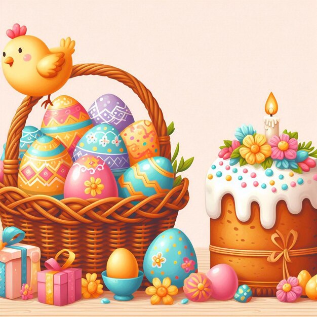 Пасхальная корзина, украшенная красиво украшенными яйцами и милым маленьким цыпленком