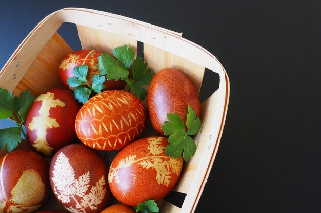 Easter basket closeup with colorful eggs Boiled chicken eggs with red and brown shells dyed with onion peel according to a traditional recipe Floral pattern made using plant leaves Fresh parsley