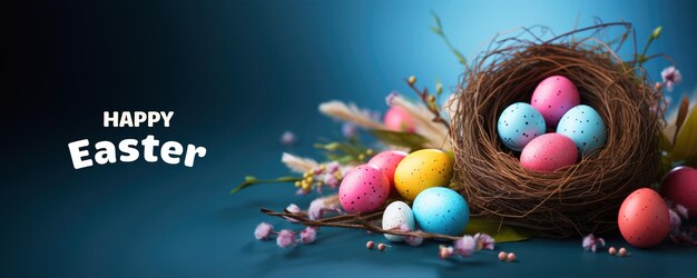 Фото Пасхальная корзина, наполненная цветными яйцами.