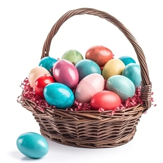 Easter basket filled with colorful eggs isolated on white background generate ai