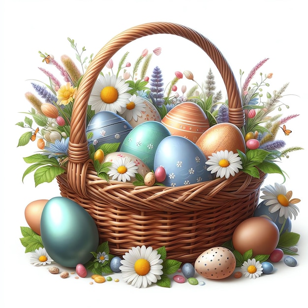 Пасхальная корзина, наполненная красочными яйцами