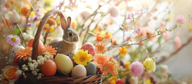 Easter basket filled with eggs flowers and a bunny