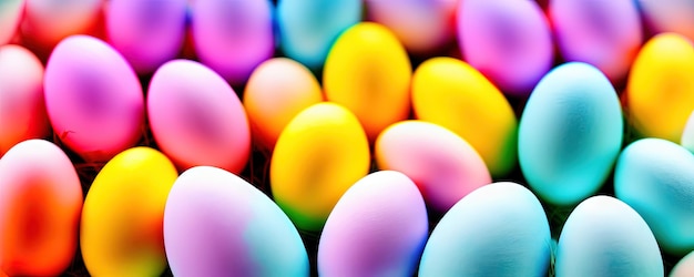 Easter basket filled with painted Easter eggs on a pastel background