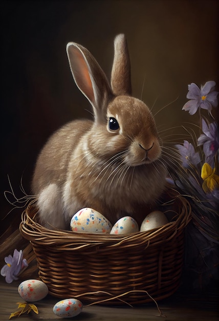 Пасхальная корзина с цветными яйцами и пушистым кроликом