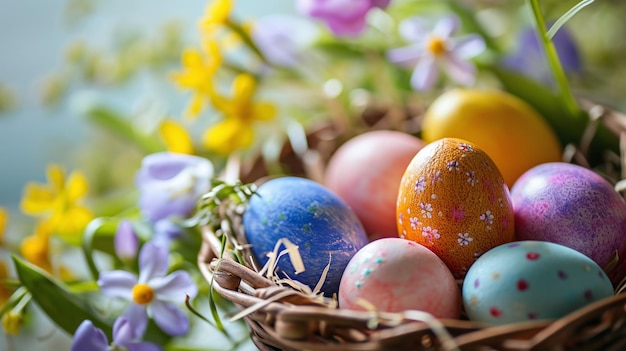 Easter basket with colorful painted eggs and spring flowers perfect for festive backgrounds