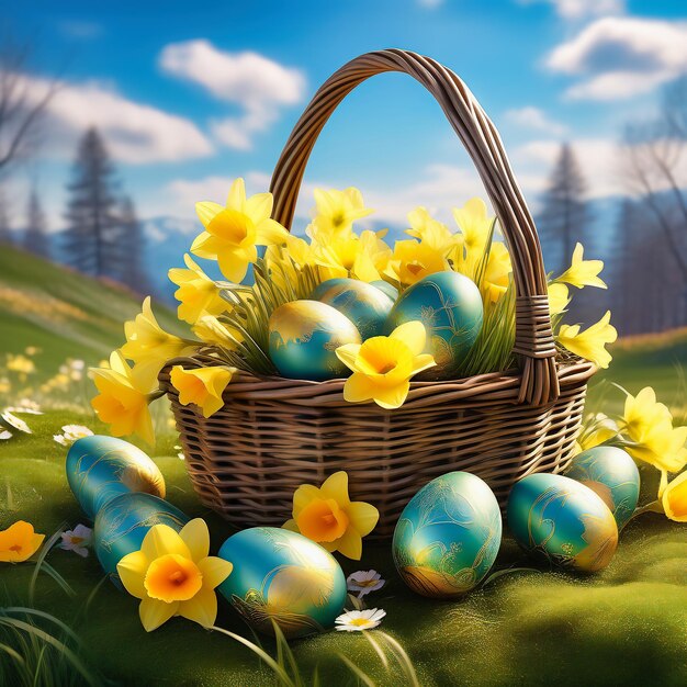 Easter basket with Easter eggs on a green meadow Daffodils are blooming yellow
