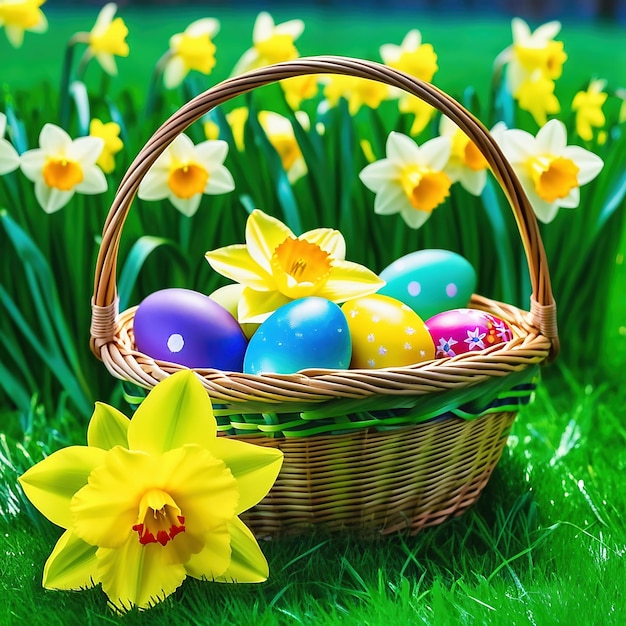 Easter basket with Easter eggs on a green meadow Daffodils are blooming yellow