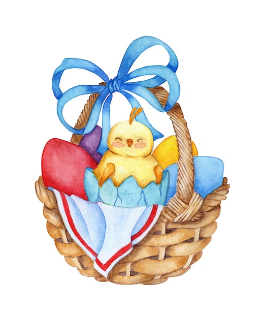 Easter basket with eggs and chicken watercolor