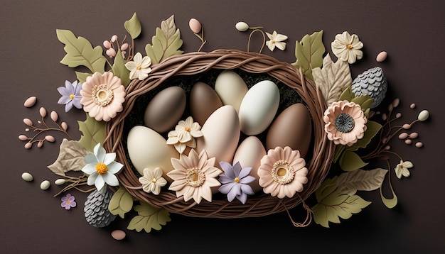 Easter Basket with Eggs and Flowers AI Generative