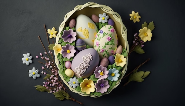 Easter Basket with Eggs and Flowers AI Generative