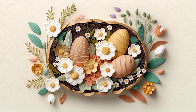 Easter Basket with Eggs and Flowers AI Generative