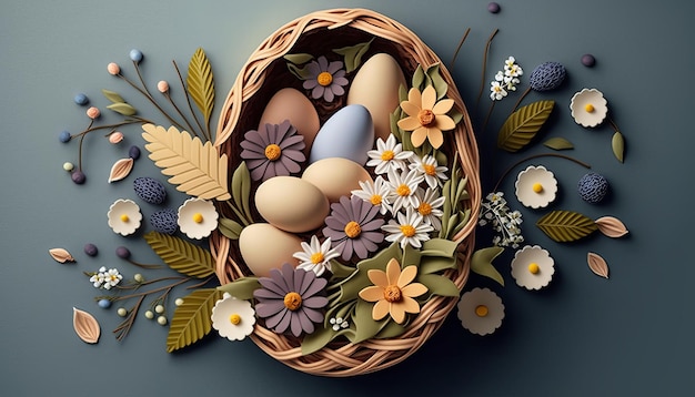 Easter Basket with Eggs and Flowers AI Generative