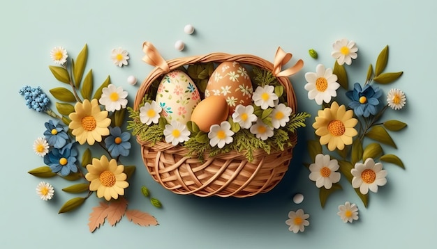 Пасхальная корзинка с яйцами и цветами AI Generative