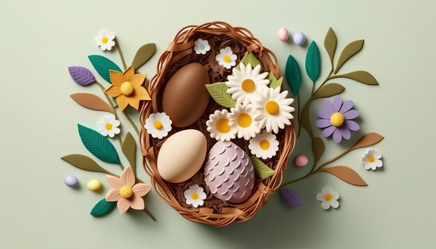 Easter Basket with Eggs and Flowers AI Generative