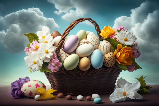 Easter basket with eggs and flowers on a blue background, creative ai