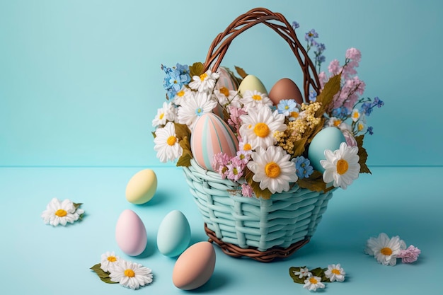 Easter basket with eggs and flowers on a blue background, creative ai