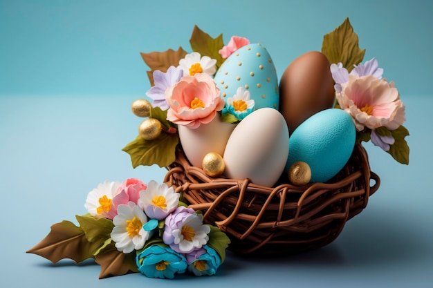 Easter basket with eggs and flowers on a blue background, creative ai