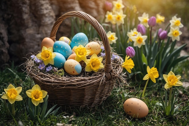 Photo an easter basket with eggs stands in the grass