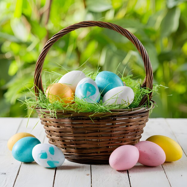 Photo easter basket with painted eggs and decorations on white table for social media post size