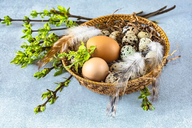 ウズラと鶏の卵の羽と緑の葉の小枝が入ったイースター バスケット