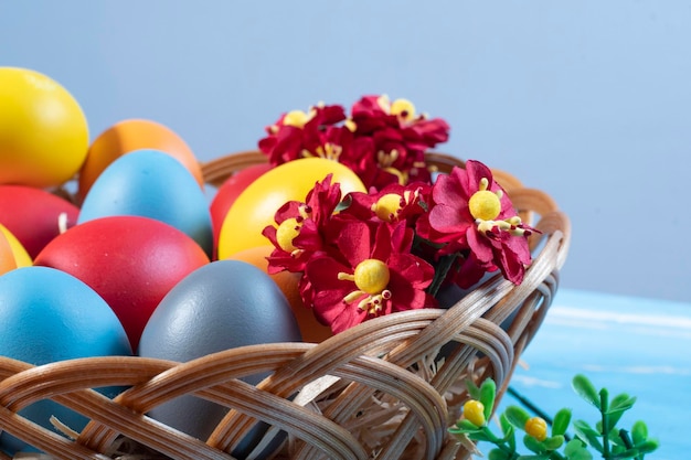 Easter basket with straw and colored eggs