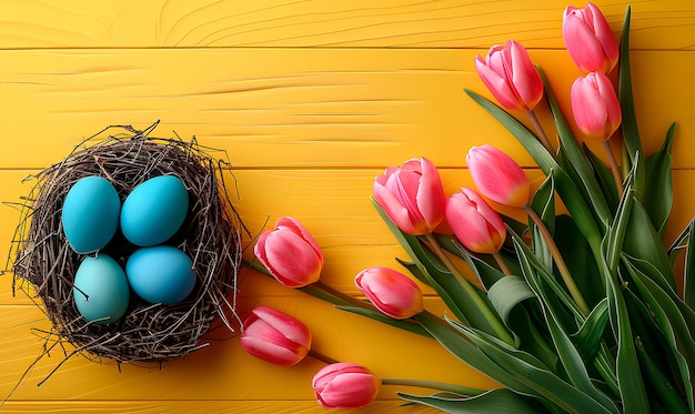 easter blue eggs in a nest with pink tulips