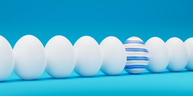 Easter Blue ornate egg around white eggs in row closeup Blue painted egg in a row of the white eggs Happy easter 3D rendering illustration