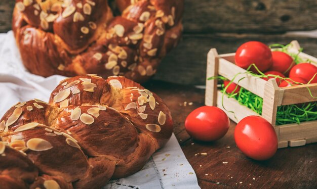 Easter bread and eggs on a table