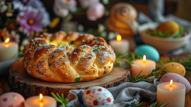 Фото Пасхальный хлеб, перепелки, красочные яйца и свечи на деревянном столе.