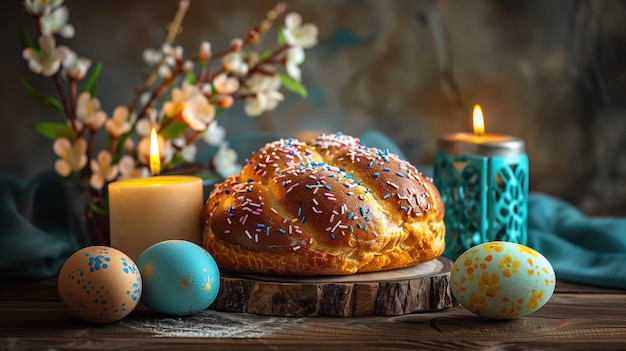 Фото Пасхальный хлеб, перепелки, красочные яйца и свечи на деревянном столе.
