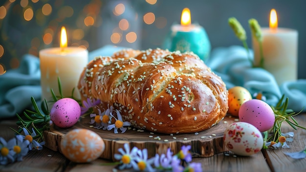 Easter bread quail colourful eggs and candles on wooden table