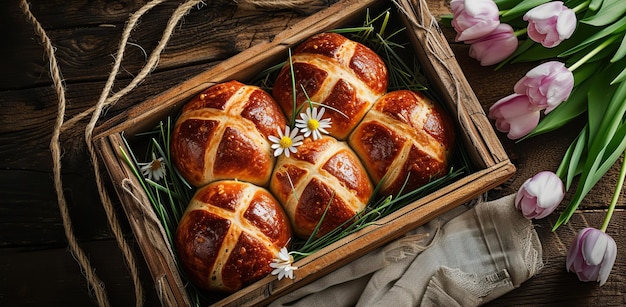 Easter bread in a wooden box with tulips The concept of Easter celebration and spring renewal