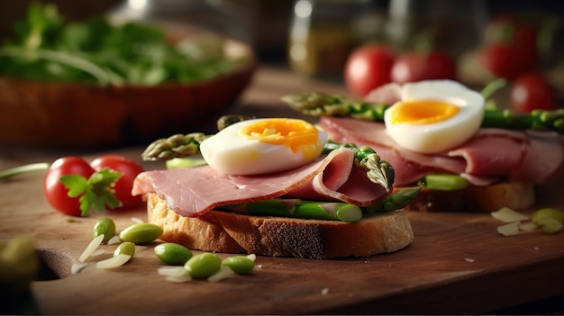 Easter breakfast or lunch with sendwich with ham asparagus and quail eggs Generative ai