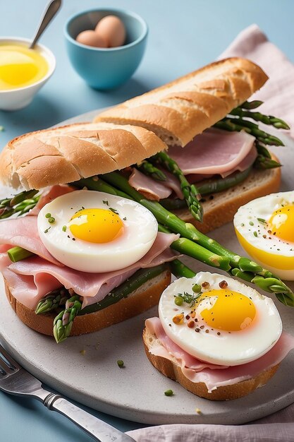 Фото Пасхальный завтрак или обед с сэндвичем с ветчиной, спаржей и перепелиными яйцами