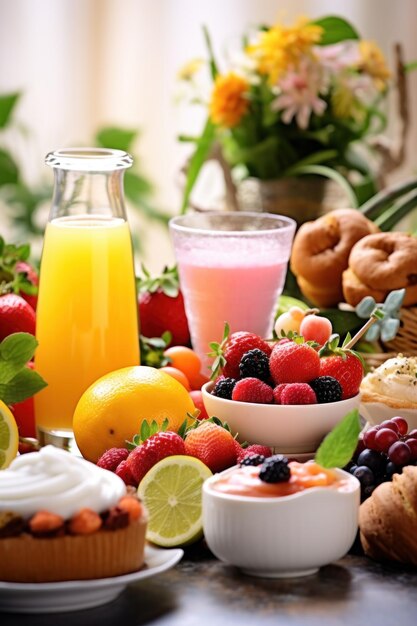 Easter brunch items including pastries fruits and beverages set against a festive background