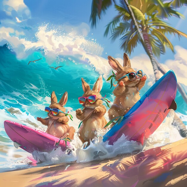 Easter Bunnies Catching a Wave