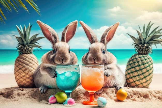 Easter bunnies celebrate on a sand beach with tropical cocktail drinks Travel agency advertising Generative AI