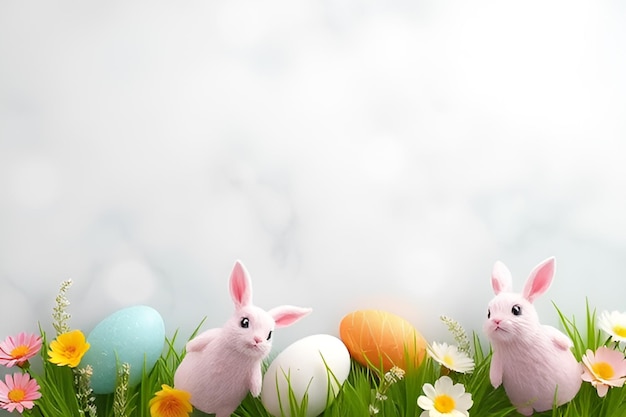 easter bunnies and eggs in a spring garden