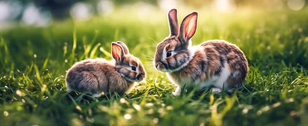 초록 잔디에 있는 부활절 토끼 밖의 가정용 장식 토끼 부활절 토끼 배너와 함께 봄 휴일의 복사 공간 개념