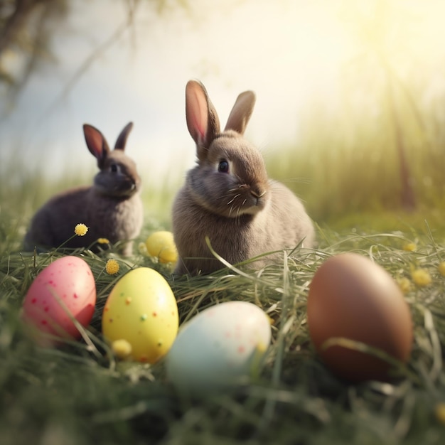 Фото Пасхальные кролики с пасхальными яйцами на траве для постера в социальных сетях