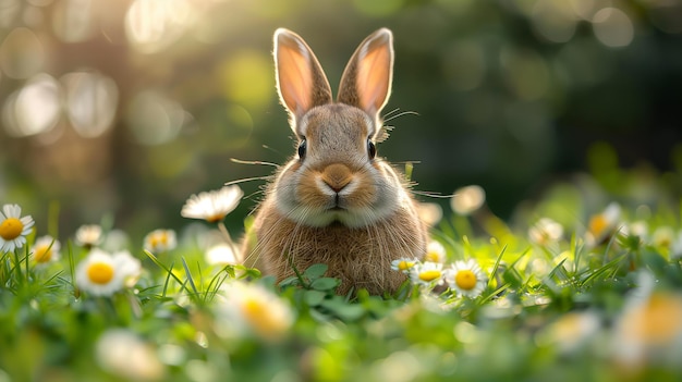 Easter bunny amidst blooming daisies Cheerful scene