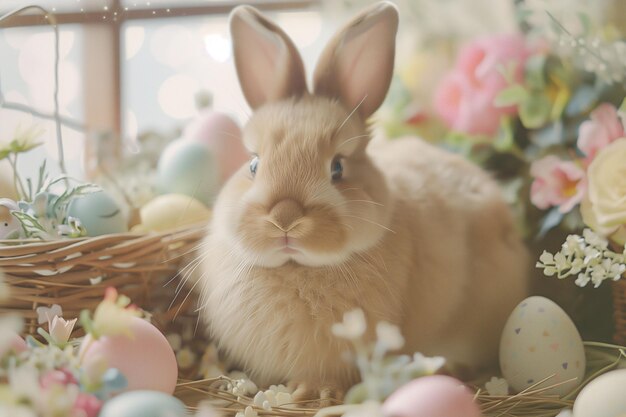 Easter Bunny Amidst Whimsical Pastel Delights Cozy Scene with Easter Props