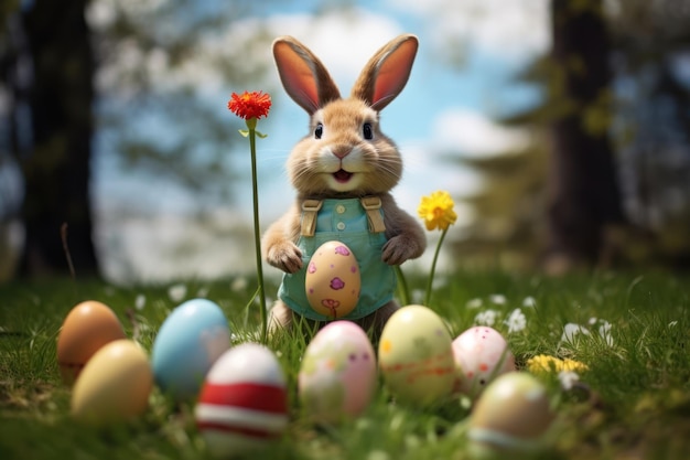 Фото Пасхальный кролик и пасхальные яйца на зеленой траве