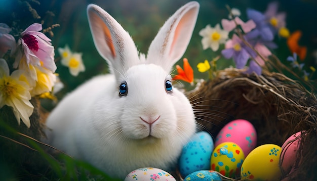 Easter bunny in a basket with colorful eggs