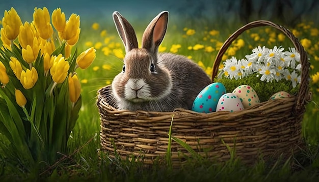 Easter bunny in a basket with easter eggs