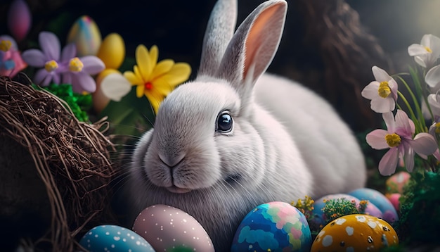 Easter bunny in a basket with easter eggs