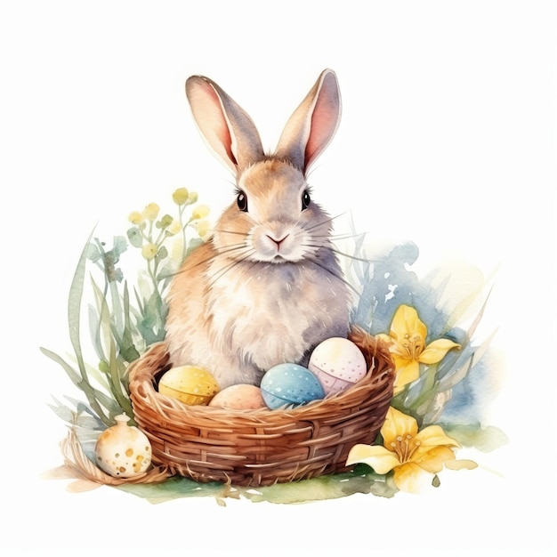 Easter bunny in a basket with easter eggs