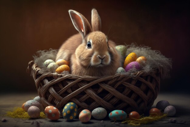 Easter bunny in a basket with eggs